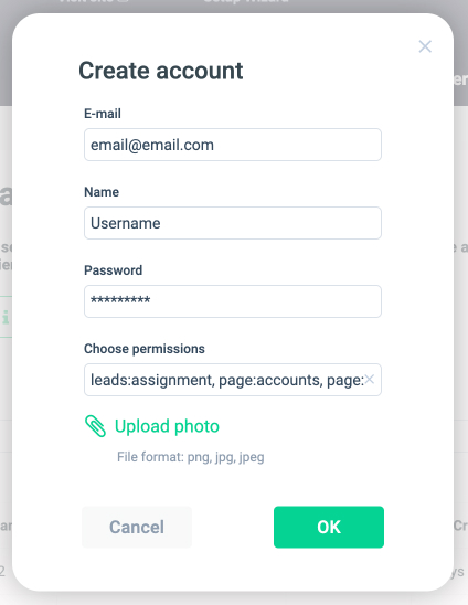 Create an account pop-up